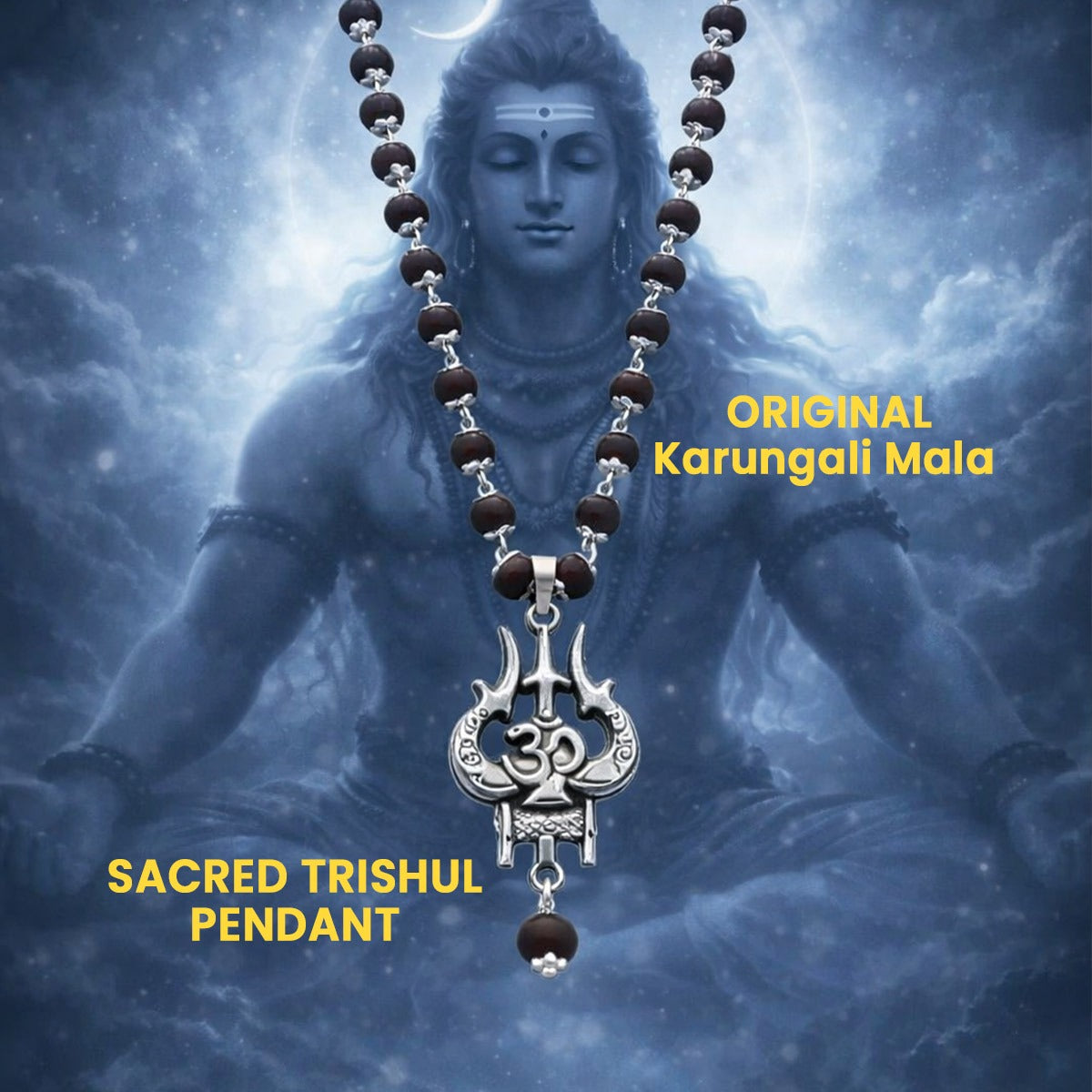 Karungali Mala with Silver Cap, Damaru & Trishul