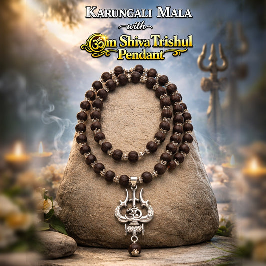 Karungali Mala with Silver Cap, Damaru & Trishul