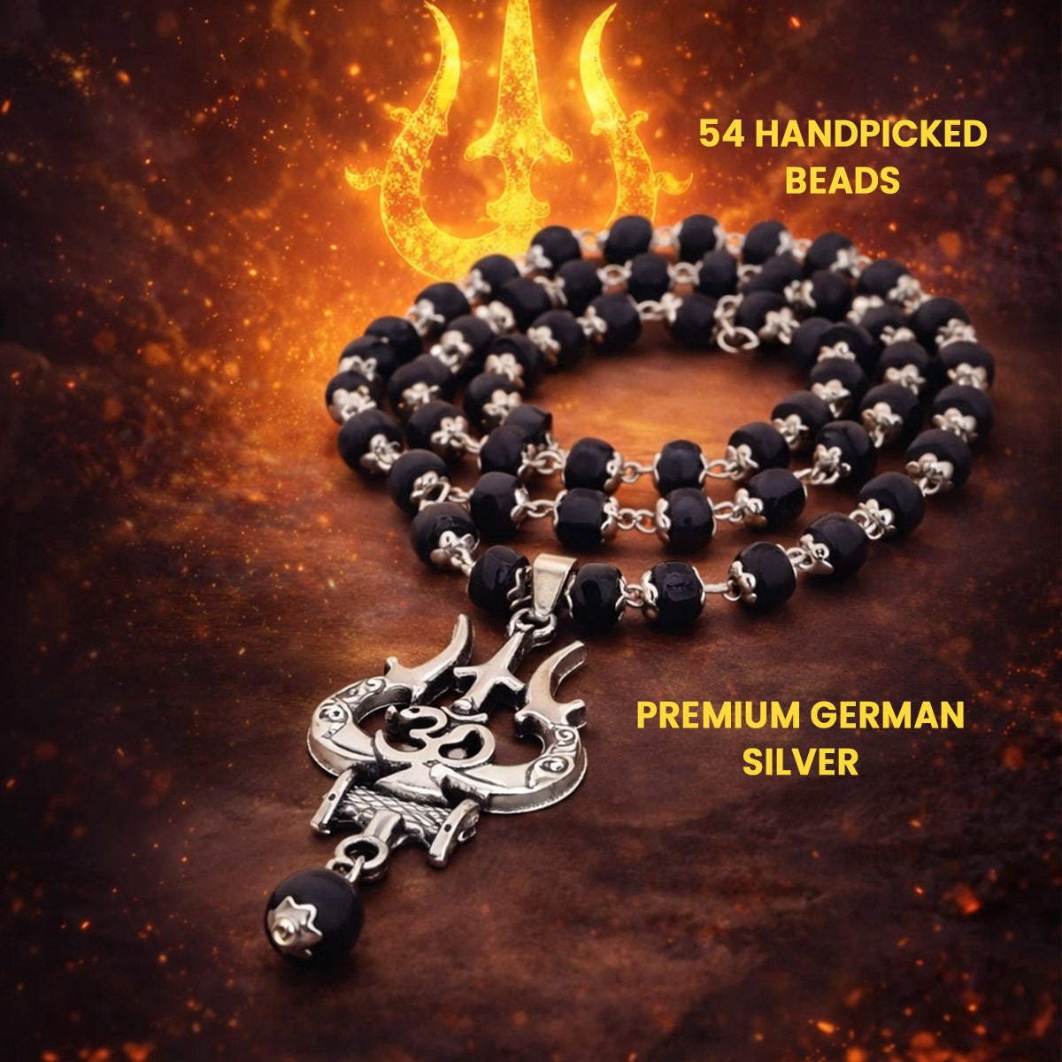 Karungali Mala with Silver Cap, Damaru & Trishul