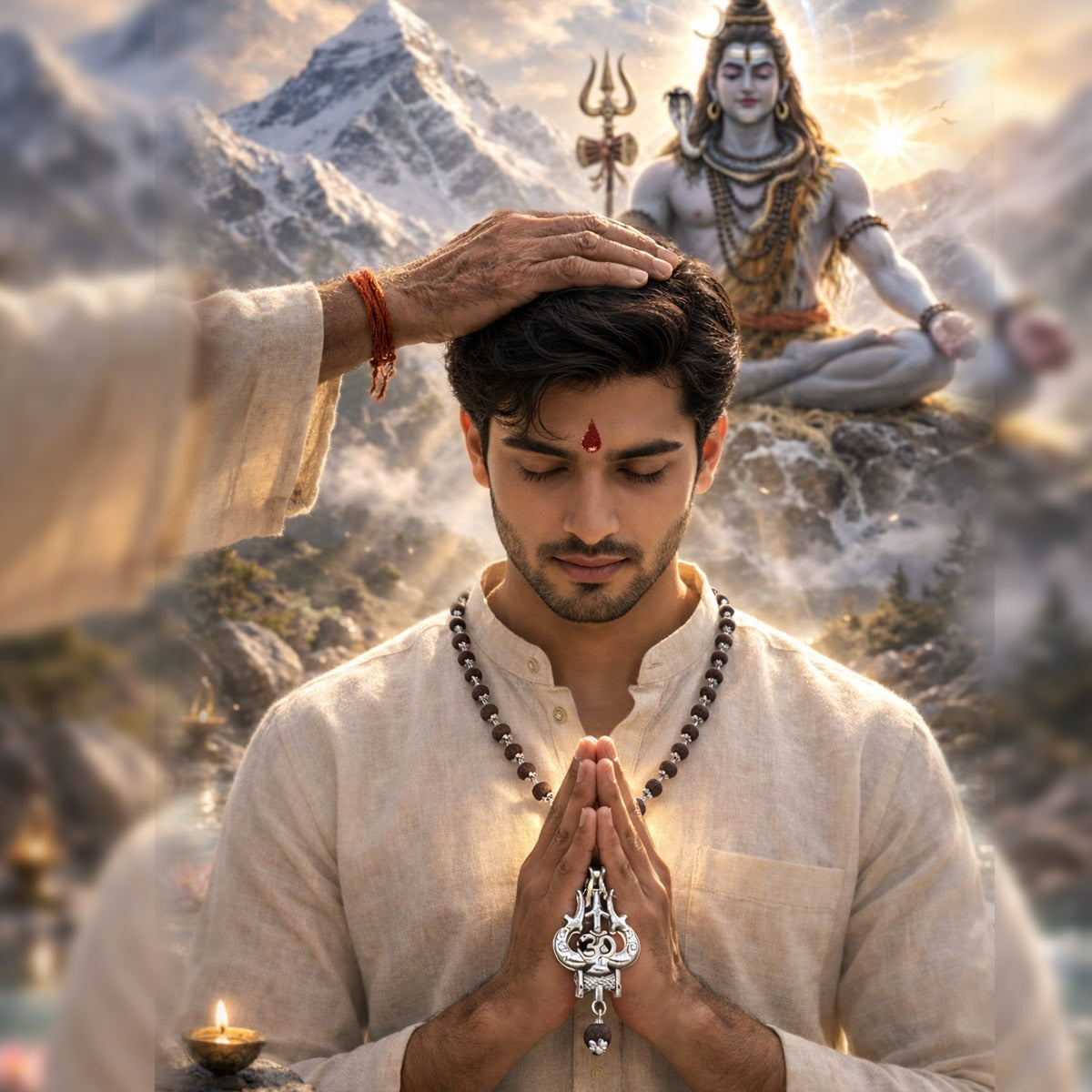 Karungali Mala with Silver Cap, Damaru & Trishul