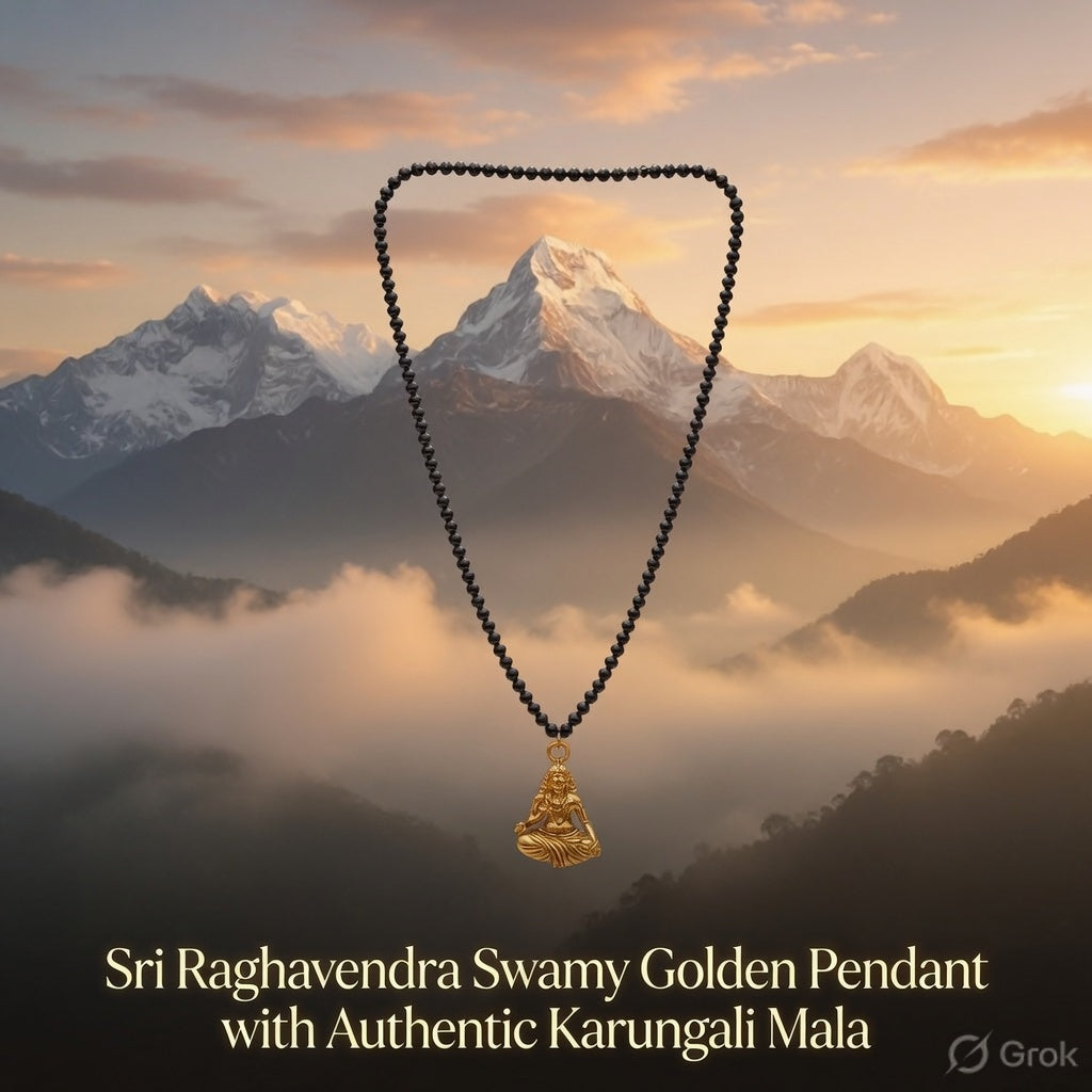 Certified Original Karungali Mala (108 Beads) with Raghavendra Swamy Golden Pendant