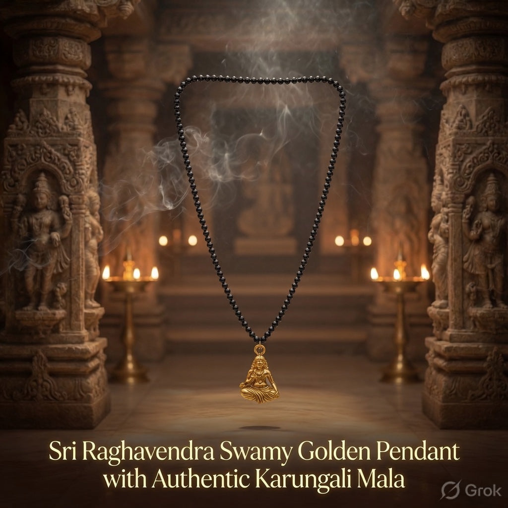 Certified Original Karungali Mala (108 Beads) with Raghavendra Swamy Golden Pendant
