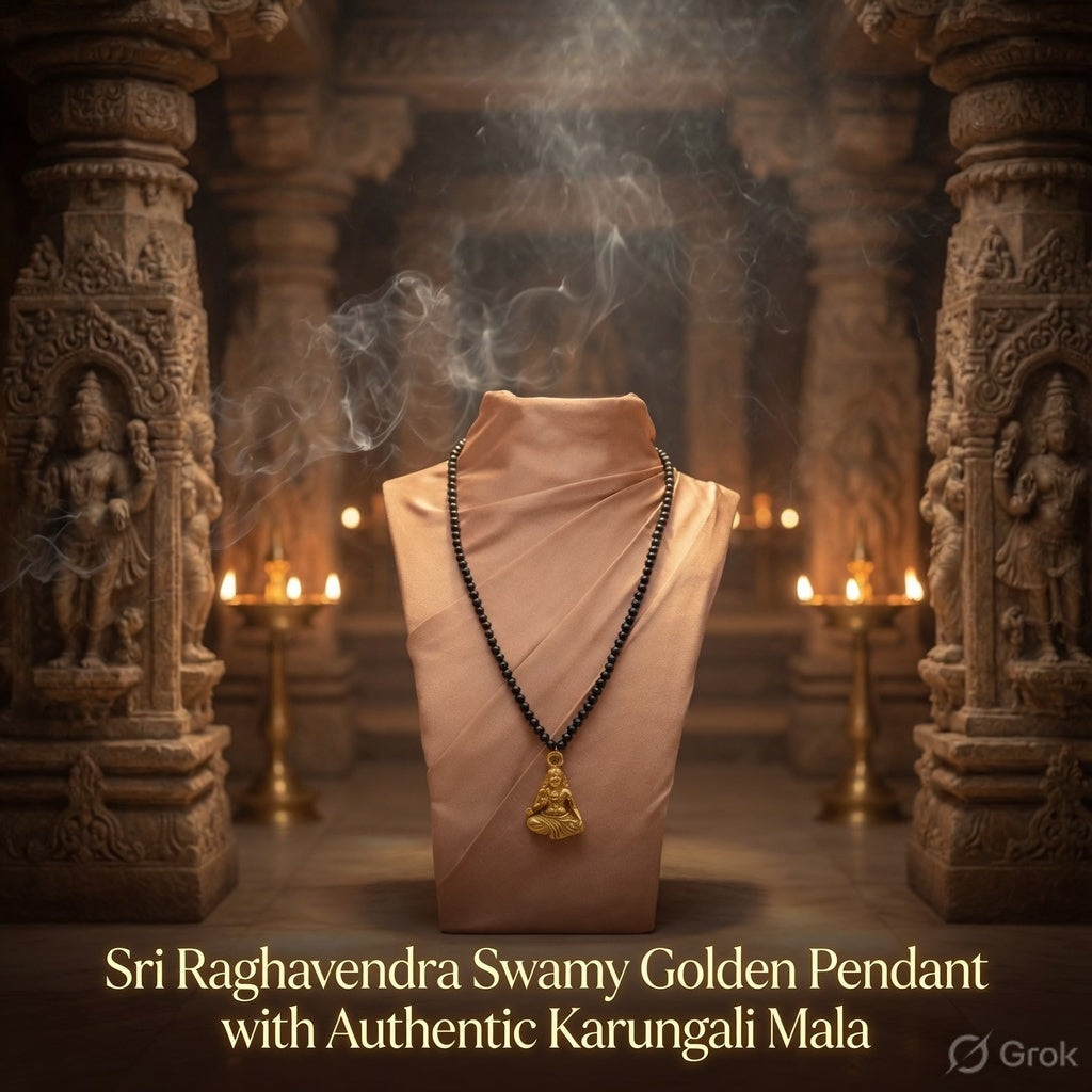 Certified Original Karungali Mala (108 Beads) with Raghavendra Swamy Golden Pendant
