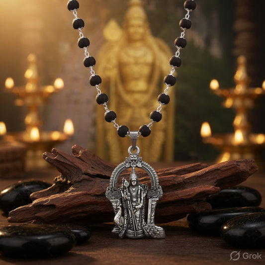 Original Silver Cap Karungali Mala with Certified Beads + Free Lord Murugan Pendant | Spiritual Protection Mala | Divine Energy Necklace