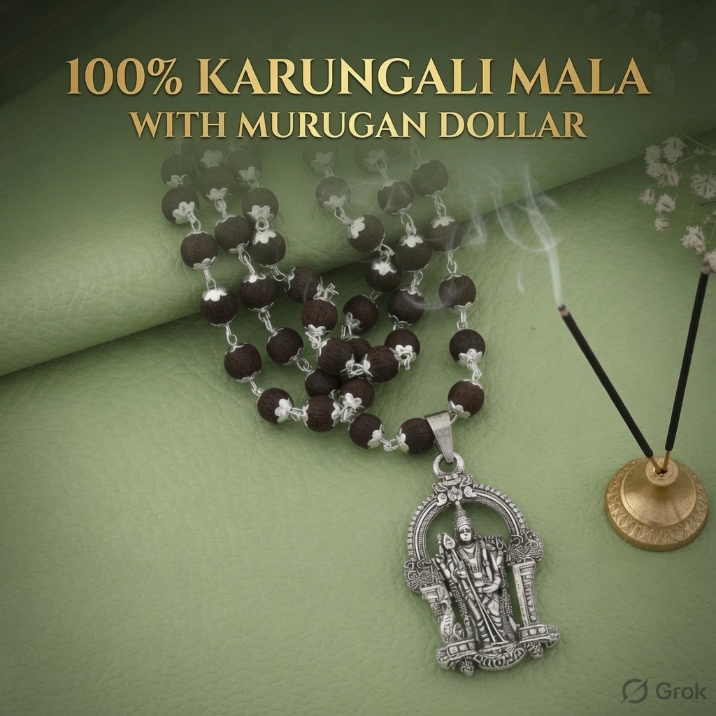 Original Silver Cap Karungali Mala with Certified Beads + Free Lord Murugan Pendant | Spiritual Protection Mala | Divine Energy Necklace