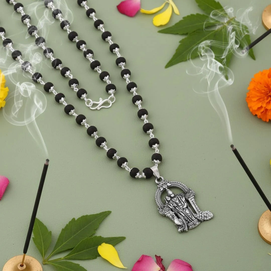 Original Silver Cap Karungali Mala with Certified Beads + Free Lord Murugan Pendant | Spiritual Protection Mala | Divine Energy Necklace