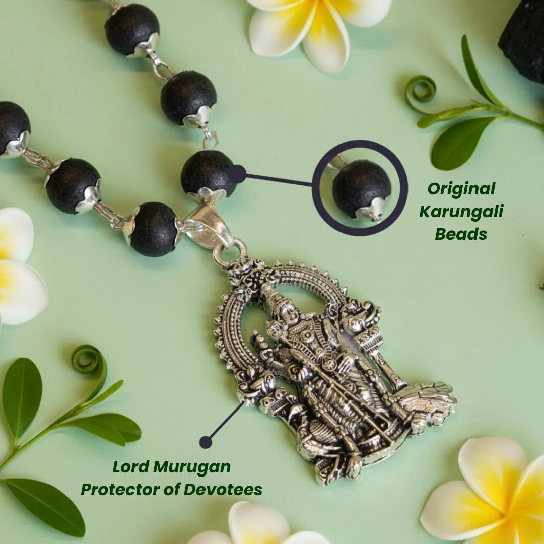 Original Silver Cap Karungali Mala with Certified Beads + Free Lord Murugan Pendant | Spiritual Protection Mala | Divine Energy Necklace