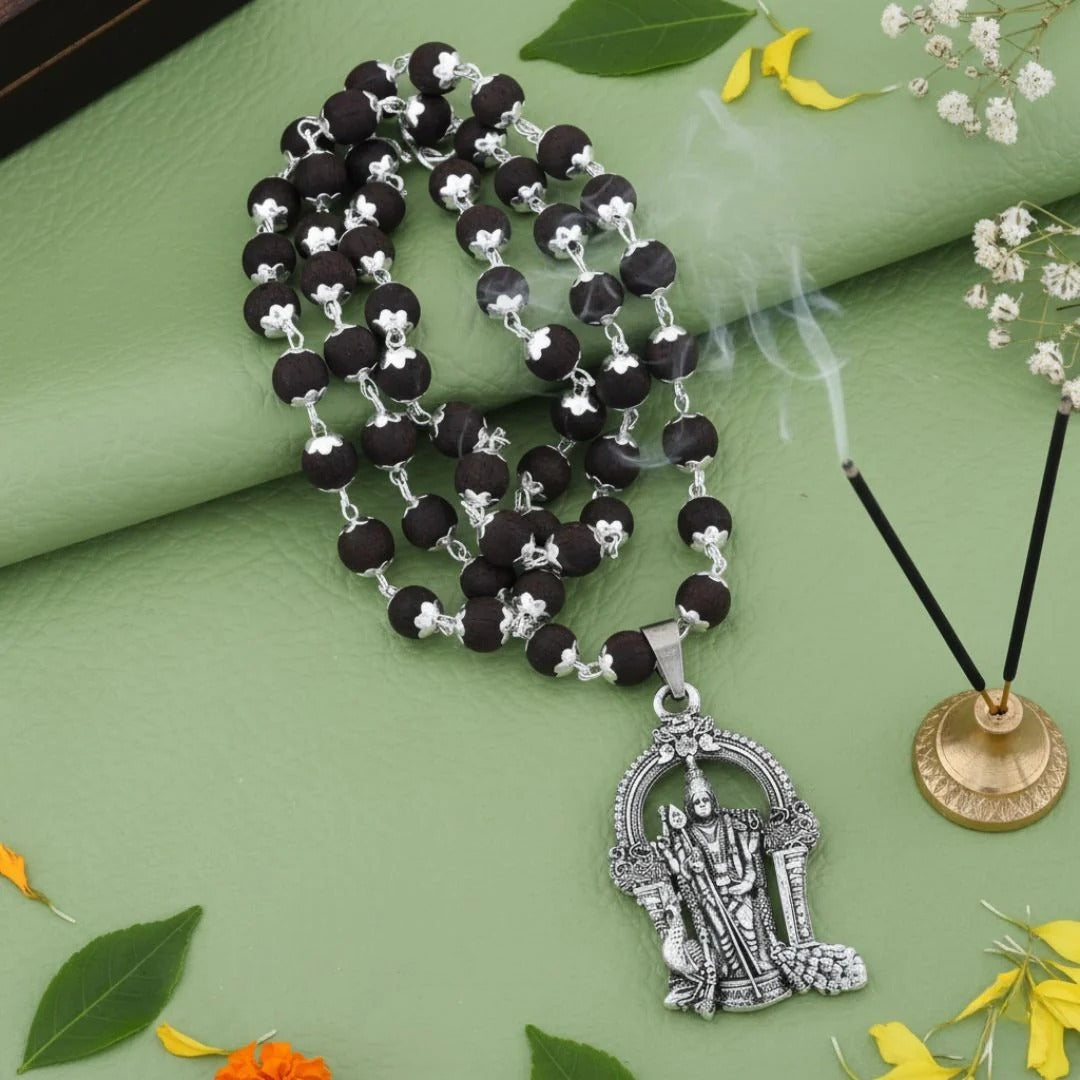 Original Silver Cap Karungali Mala with Certified Beads + Free Lord Murugan Pendant | Spiritual Protection Mala | Divine Energy Necklace