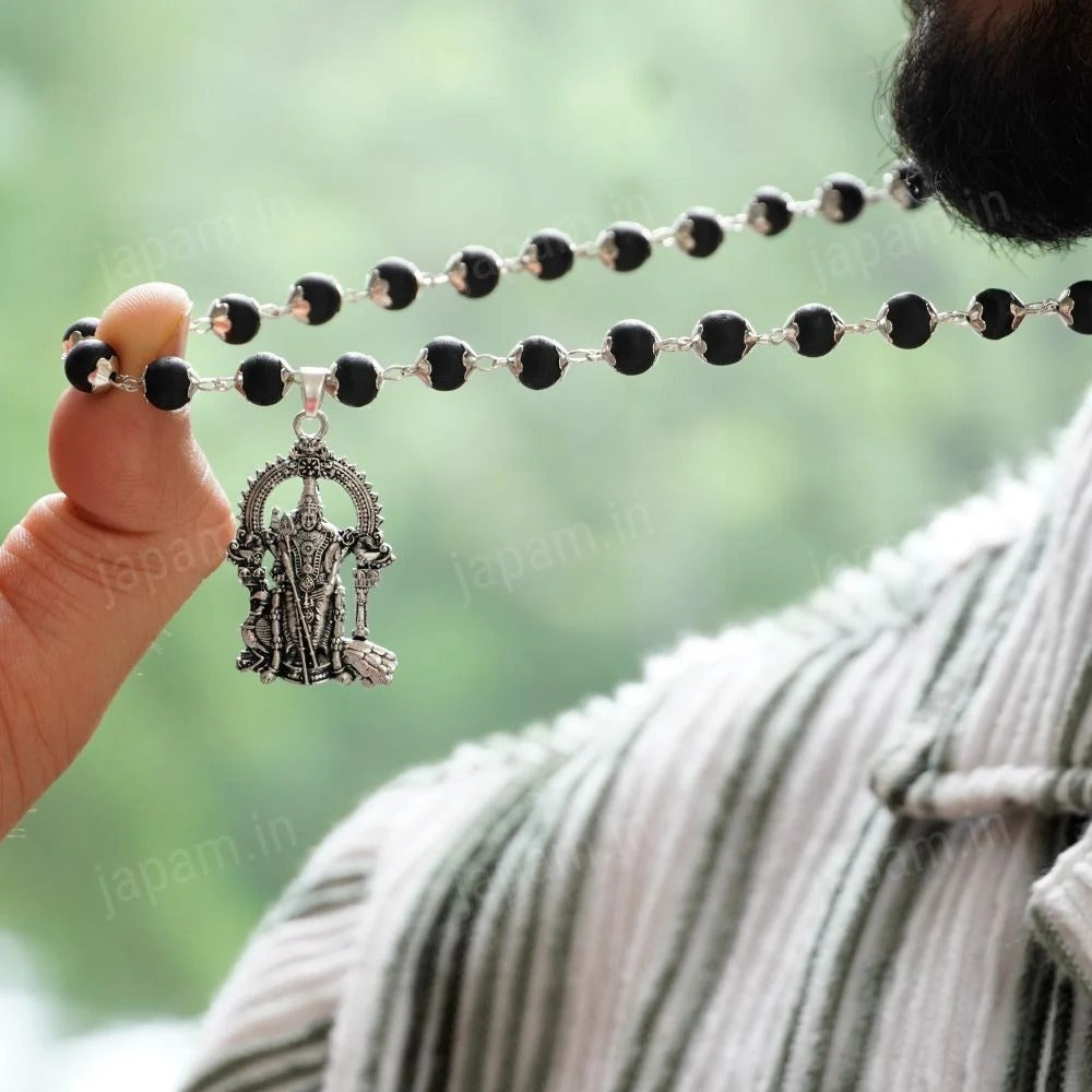 Original Silver Cap Karungali Mala with Certified Beads + Free Lord Murugan Pendant | Spiritual Protection Mala | Divine Energy Necklace