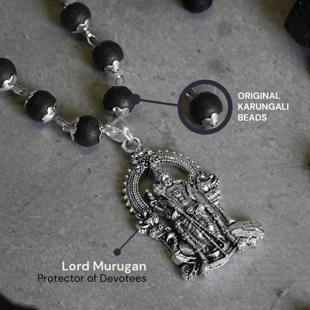 Original Silver Cap Karungali Mala with Certified Beads + Free Lord Murugan Pendant | Spiritual Protection Mala | Divine Energy Necklace